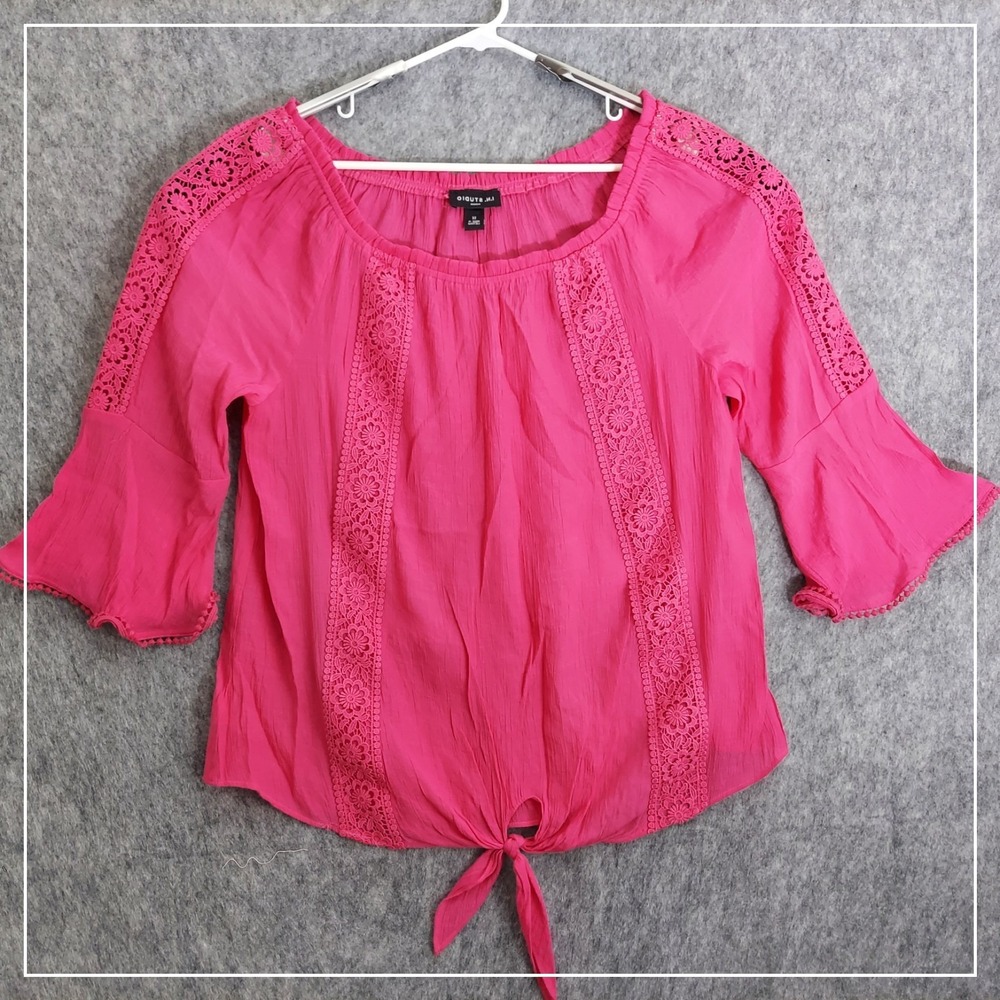 I.N Studio Top Women 1X Pink Tie Front Lace Trim Bell Sleeve Boho Peasant Blouse